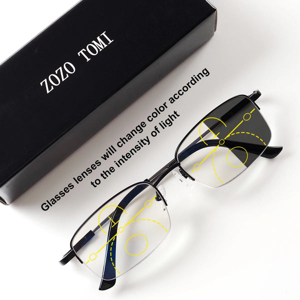 Progressive multifocal reading glasses, photochromic (light-adaptive), titanium frame, +1.00 to +4.00 diopters, unisex.