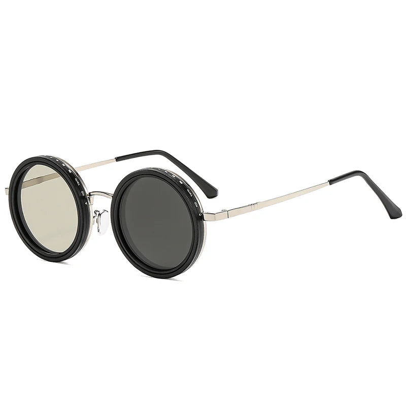SO&EI Retro Round Punk Men Outdoor Sports Polarized Sunglasses Shades UV400 Women ND9-level Adjustable Dimming Sun Glasses