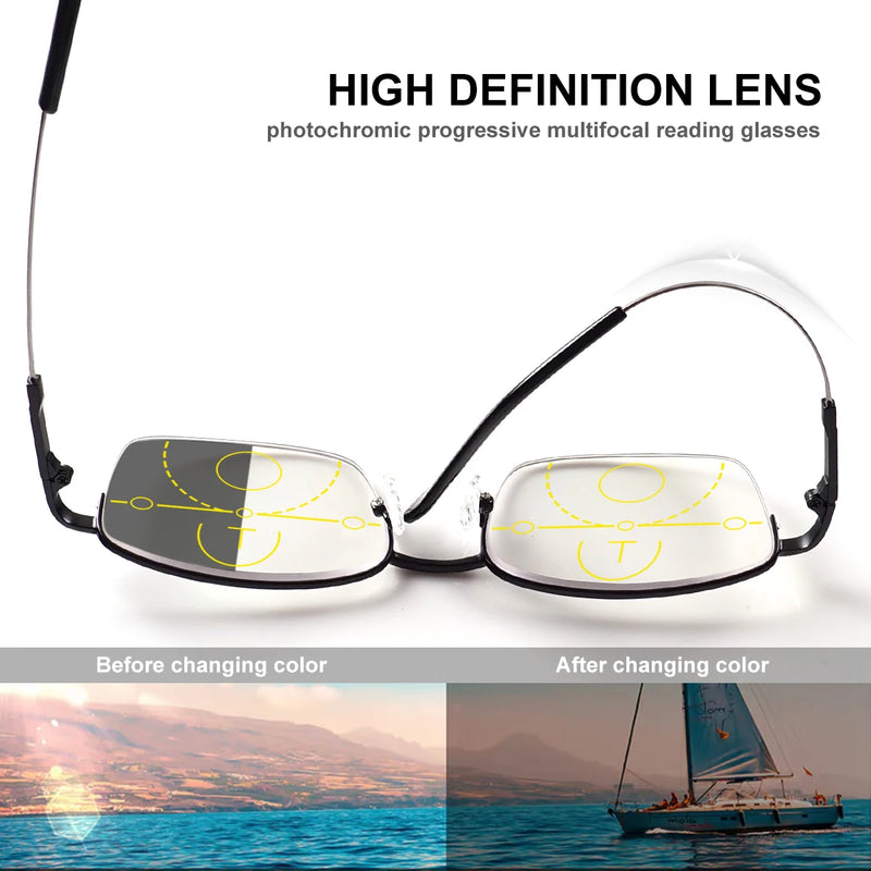 Progressive multifocal reading glasses, photochromic (light-adaptive), titanium frame, +1.00 to +4.00 diopters, unisex.
