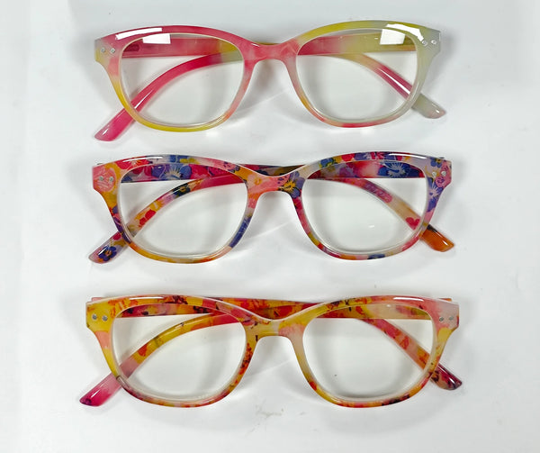3PCS Multi-Color Floral Frame Reading Glasses - Blue-light blocking lenses, spring hinges for fit & head size adaptability