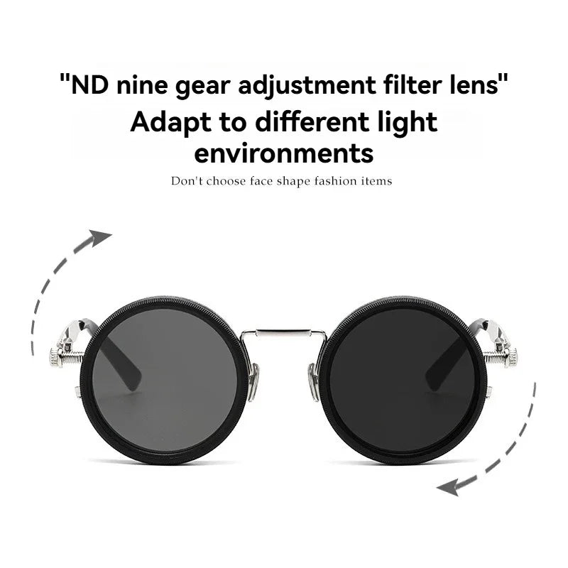 Retro Metal Round Punk ND9-level Adjustable Dimming Sunglasses Women Polarized UV400 Fashion Men Outdoor Sun Glasses