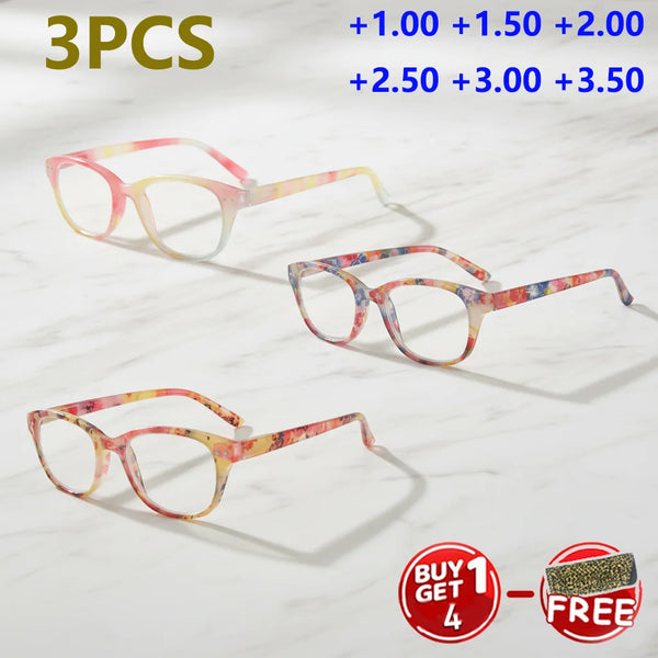 3PCS Multi-Color Floral Frame Reading Glasses - Blue-light blocking lenses, spring hinges for fit & head size adaptability