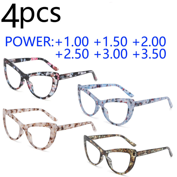 4PCS Multi-Pattern Cat-Eye Reading Glasses - Blue-Light Blocking, Stylish, Spring Hinges for Fit & Adaptability