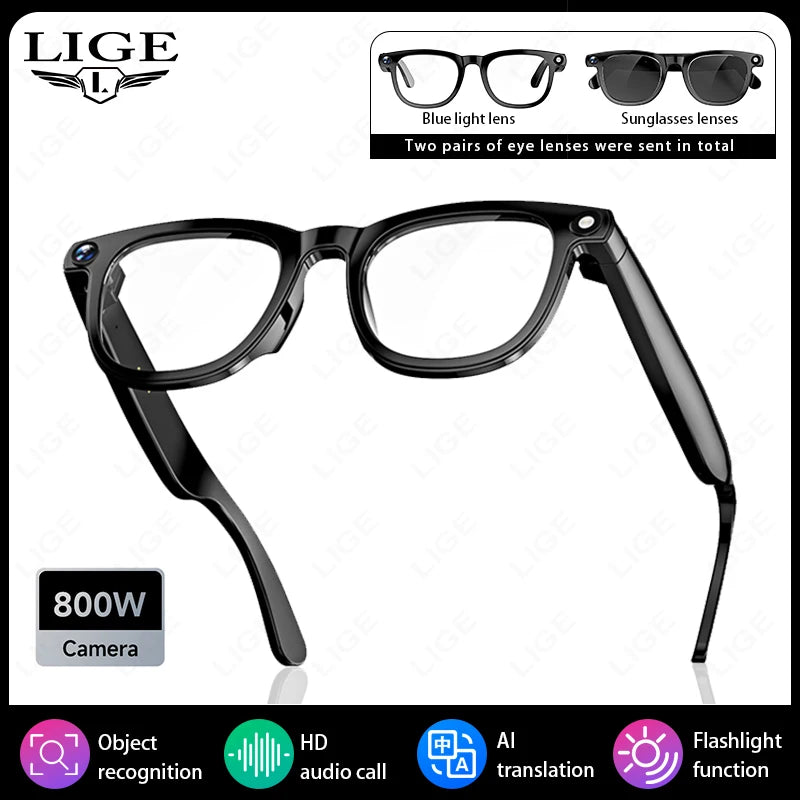 LIGE New AI Smart Glasses 800W Pixels Camera Glasses ChatGPT Translation Voice Control Bluetooth Call Sport Smart Sunglasses Man