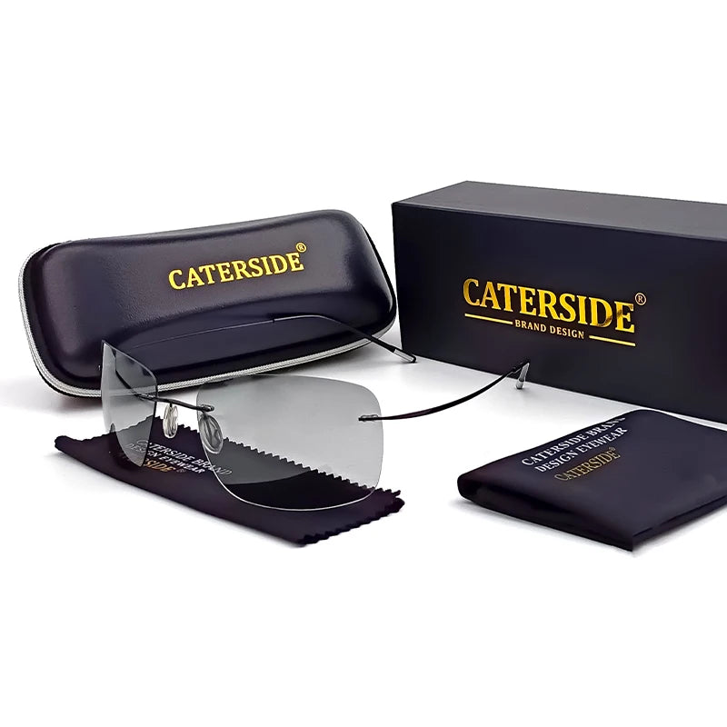 Caterside Pilot Rimless Polarized Sunglasses Men 100% Titanium Ultralight Brand Designer Sun Glasses Grey Photochromic Glasses