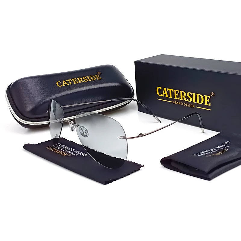 Caterside Pilot Rimless Polarized Sunglasses Men 100% Titanium Ultralight Brand Designer Sun Glasses Grey Photochromic Glasses