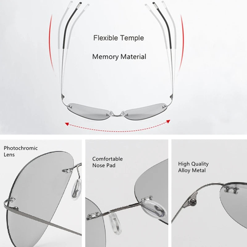 Caterside Pilot Rimless Polarized Sunglasses Men 100% Titanium Ultralight Brand Designer Sun Glasses Grey Photochromic Glasses