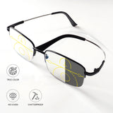 Progressive multifocal reading glasses, photochromic (light-adaptive), titanium frame, +1.00 to +4.00 diopters, unisex.