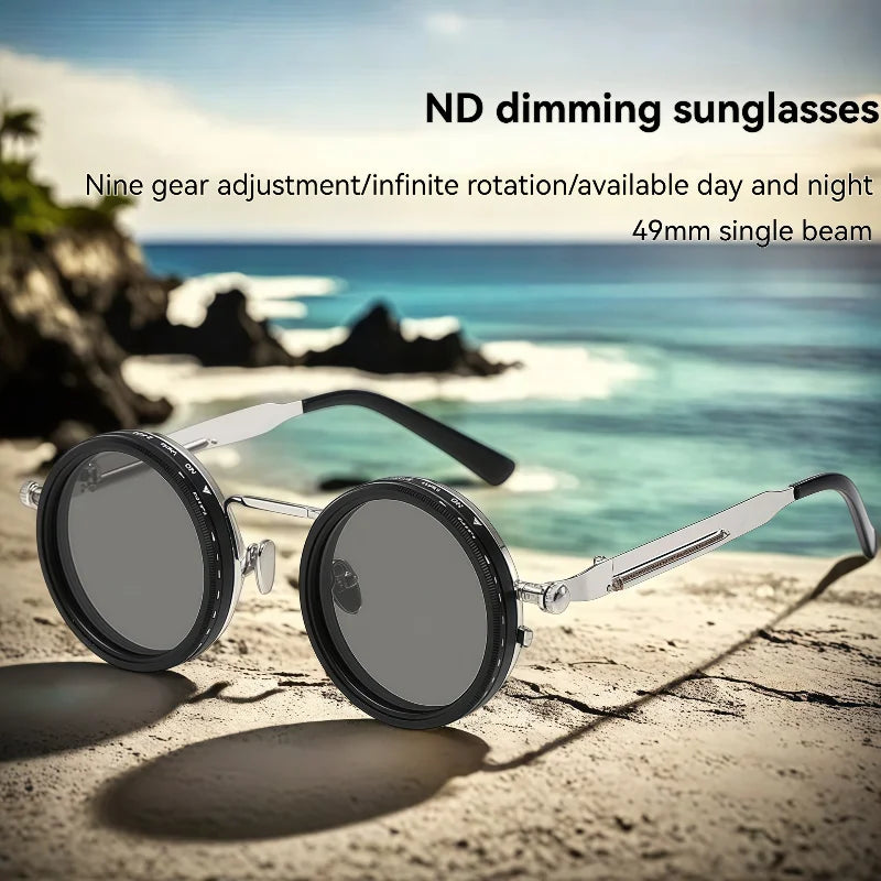 Retro Metal Round Punk ND9-level Adjustable Dimming Sunglasses Women Polarized UV400 Fashion Men Outdoor Sun Glasses