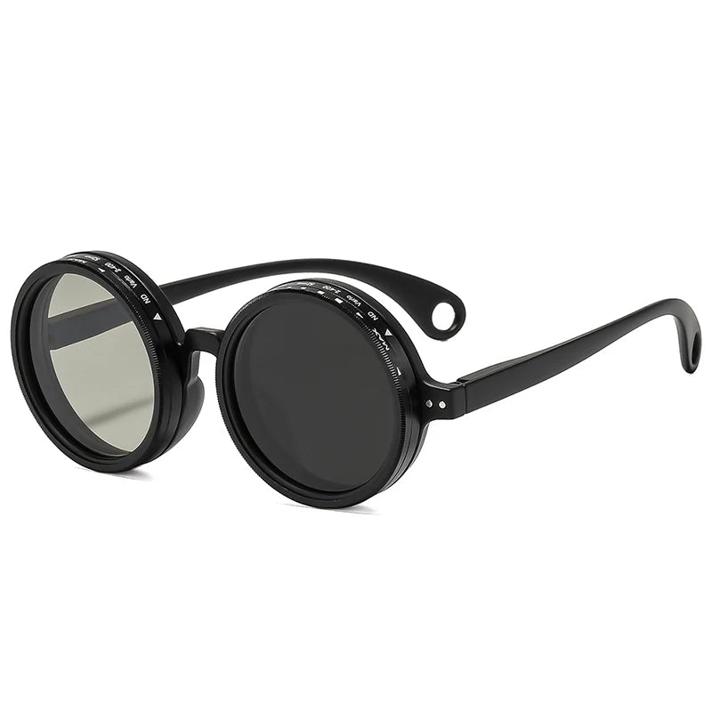 SO&EI Retro Round Punk Men Outdoor Sports Polarized Sunglasses Shades UV400 Women ND9-level Adjustable Dimming Sun Glasses