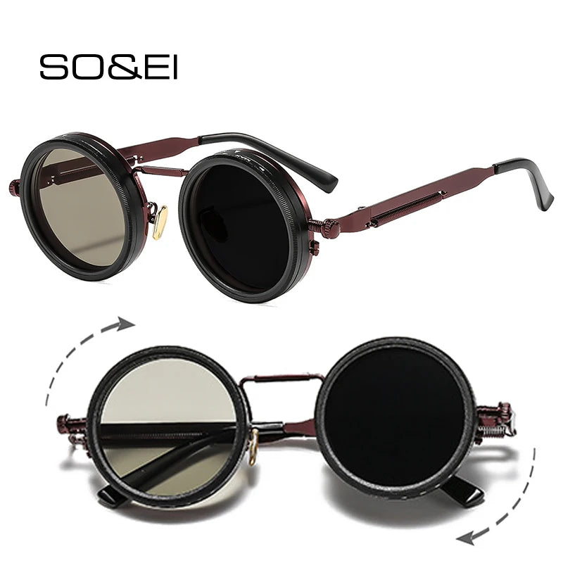 SO&EI Retro Round Punk Men Outdoor Sports Polarized Sunglasses Shades UV400 Women ND9-level Adjustable Dimming Sun Glasses