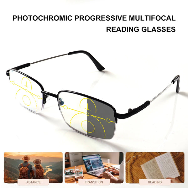 Progressive multifocal reading glasses, photochromic (light-adaptive), titanium frame, +1.00 to +4.00 diopters, unisex.