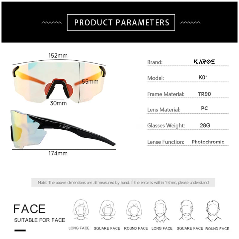 KAROS Photochromic Cycling Glasses for MTB Road Bike UV400 Adaptive Lens Anti-Fog Sport Sunglasses Men Women Outdoor Riding Gear