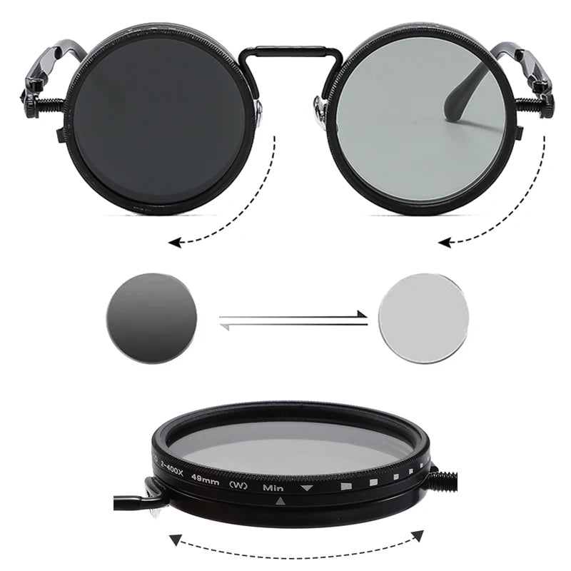 SO&EI Retro Round Punk Men Outdoor Sports Polarized Sunglasses Shades UV400 Women ND9-level Adjustable Dimming Sun Glasses