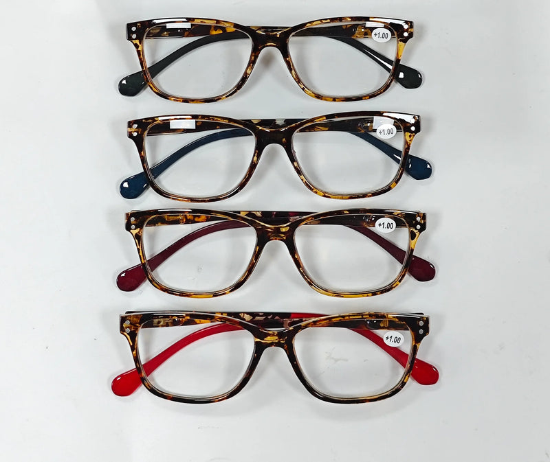 4PCS Amber Color-Block Temple Reading Glasses - HD Lenses, Spring Hinges for Fit & Head Size Adaptability