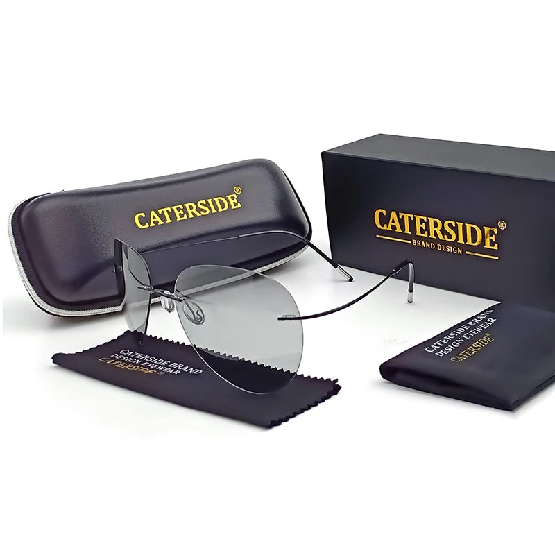Caterside Pilot Rimless Polarized Sunglasses Men 100% Titanium Ultralight Brand Designer Sun Glasses Grey Photochromic Glasses