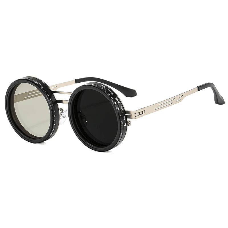 SO&EI Retro Round Punk Men Outdoor Sports Polarized Sunglasses Shades UV400 Women ND9-level Adjustable Dimming Sun Glasses