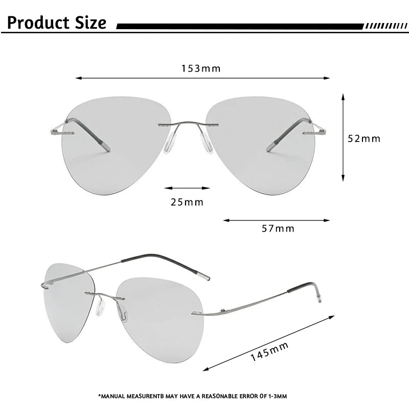 Caterside Pilot Rimless Polarized Sunglasses Men 100% Titanium Ultralight Brand Designer Sun Glasses Grey Photochromic Glasses